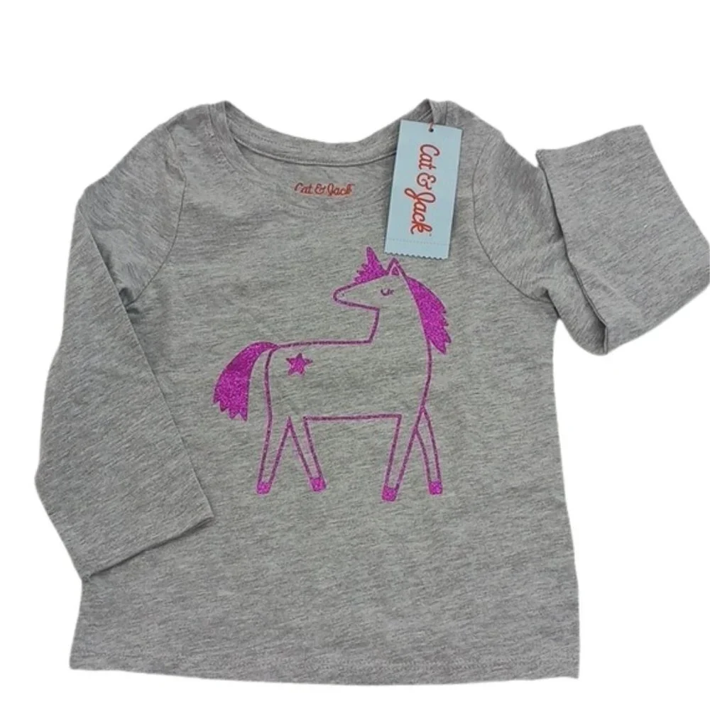 CAT & Jack Unicorn Shirt Long Sleeve Glitter Crew Neck Basic Toddler Girls